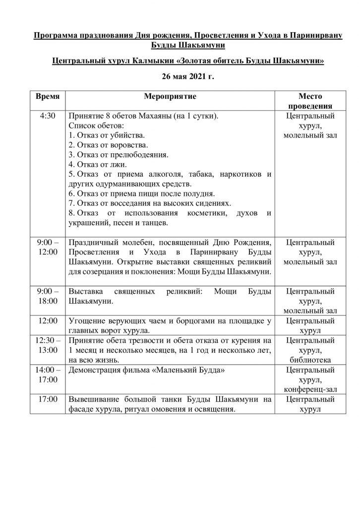 Программа празднования Дня рождения, Просветления и Паринирваны Будды Шакьямуни