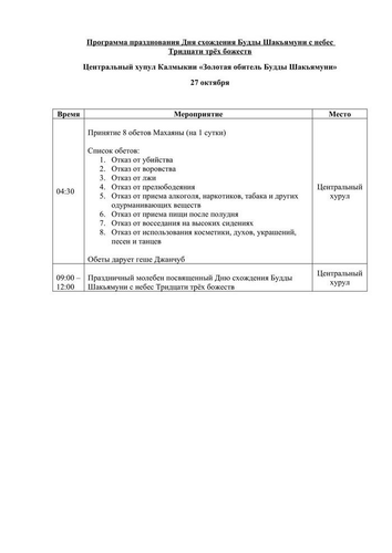 Программа празднования Дня нисхождения Будды Шакьямуни на землю с небес Тридцати трех божеств.