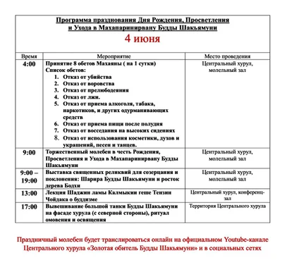 Программа празднования Дня Рождения, Просветления и Ухода в Махапаринирвану Будды Шакьямуни