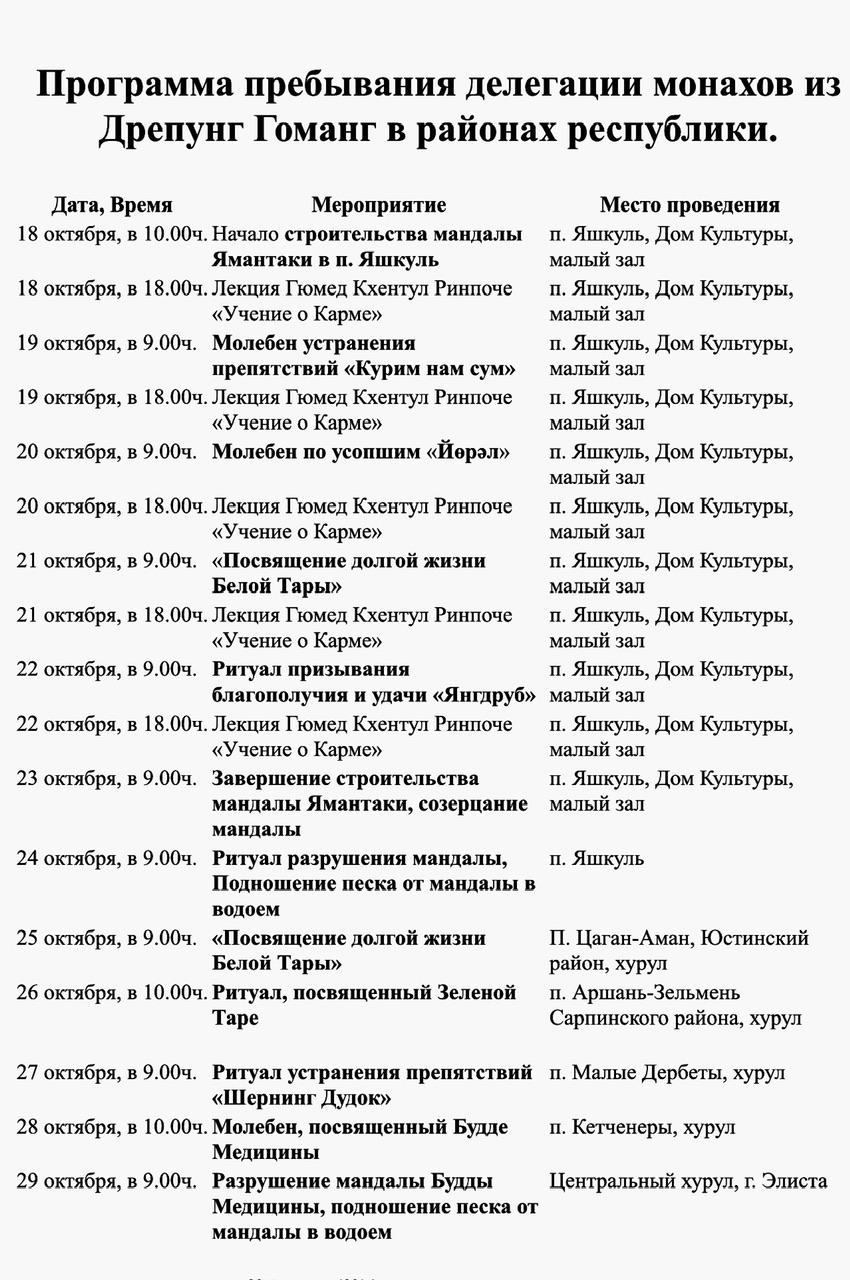 Программа пребывания делегации монахов из Дрепунг Гоманг в районах республики