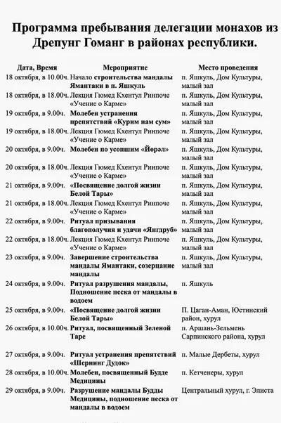 Программа пребывания делегации монахов из Дрепунг Гоманг в районах республики