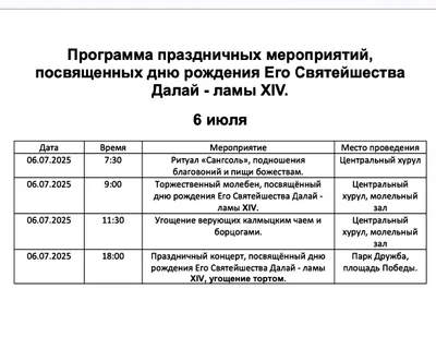 Программа празднования юбилея Его Святейшества Далай-ламы ХIV